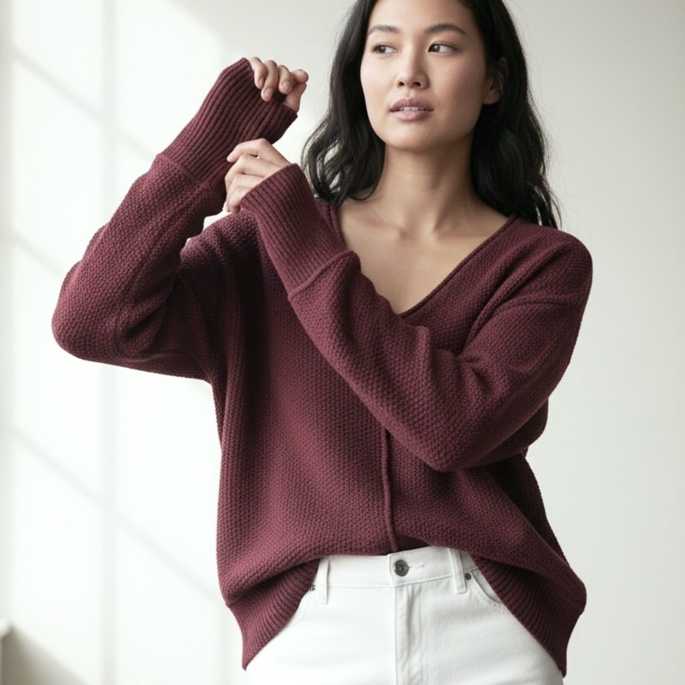 Lucky Brand knit Sweater Textured V-Neck Long Sleeve Pullover Ribbed Stretch